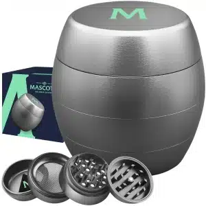 Mascotte® Design Grinder en Aluminium | Moulin a epices pour herbes et tabac | Effriteuse compact de 4 cm de diamètre | Ensemble de 4 pièces avec grattoir à pollen